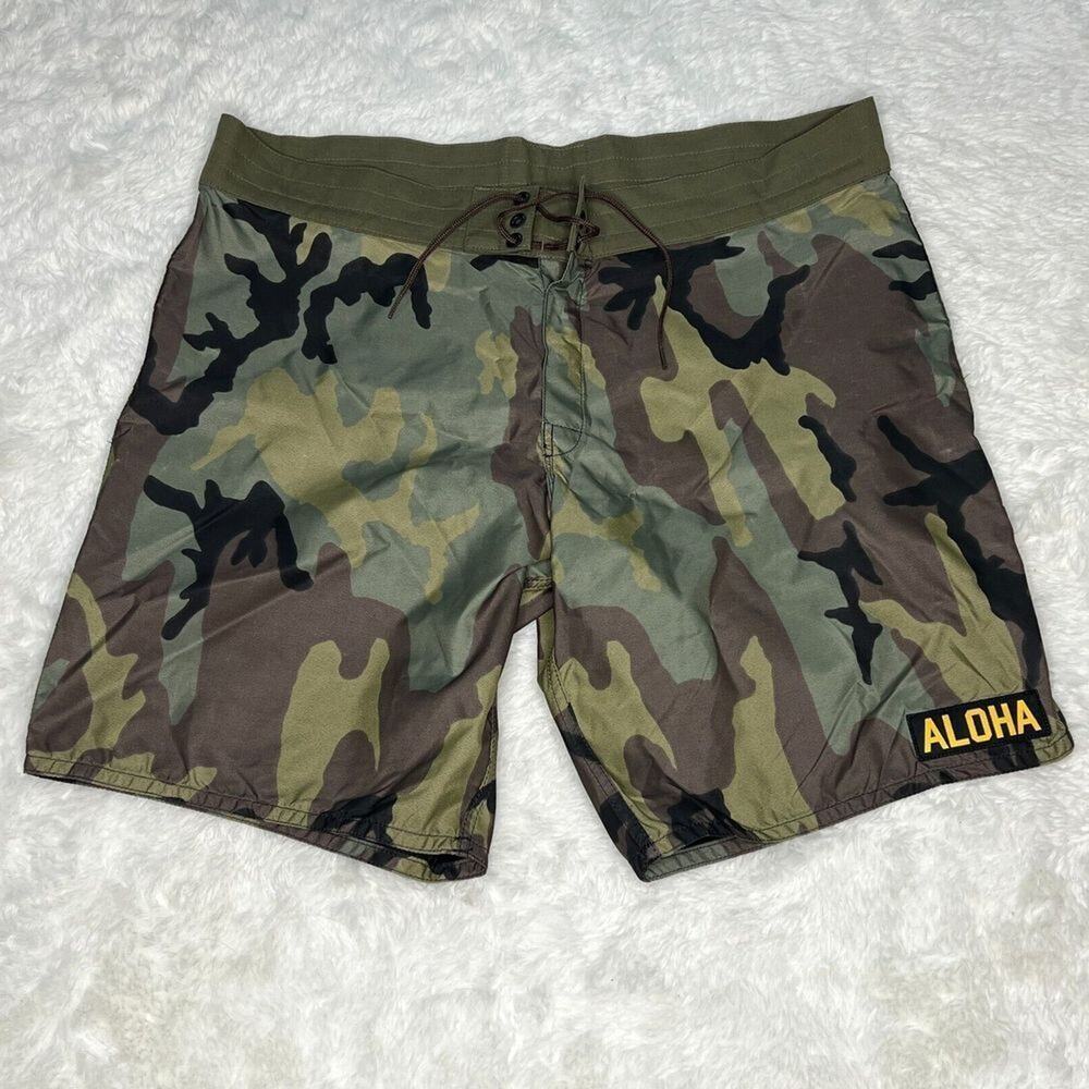 BIRDWELL Beach Britches Vtg Style Green Camo 311 ALOHA Nylon Board Short Size 42